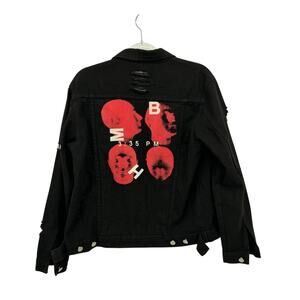 Misbhv Warszawa Heads Denim Jacket Medium Men's Black Red Distressed Punk Grunge